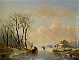 Andreas Schelfhout Skaters on the ice with a Koek En Zopie in the distance painting